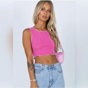 Princess Polly Hot Pink Ribbed Lettuce Edge Cropped Tank Top